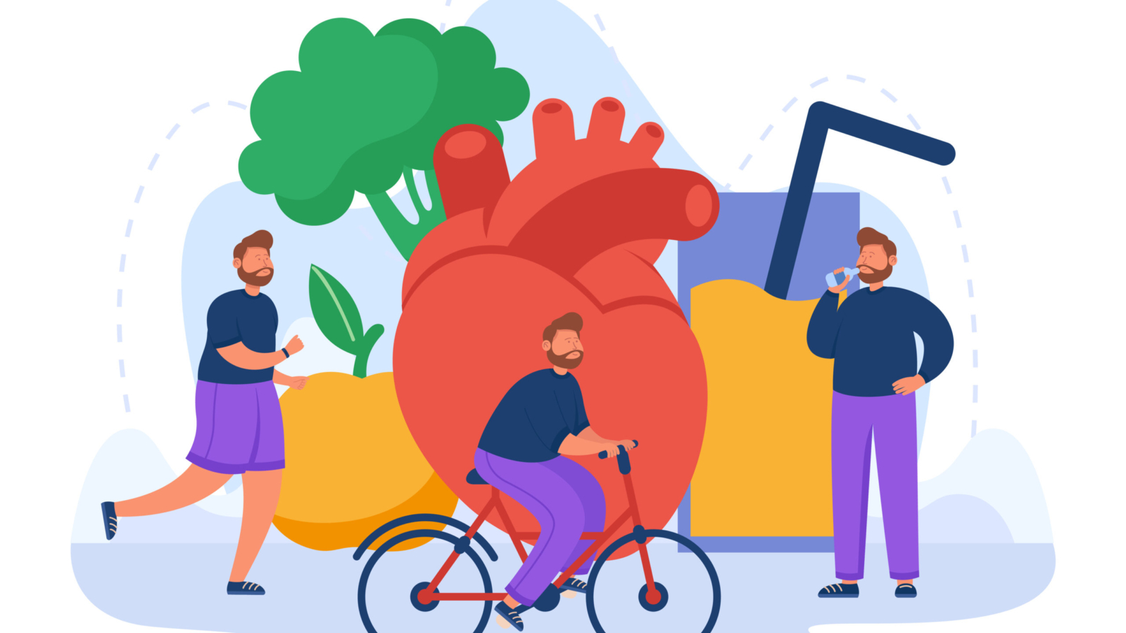 Man drinking water, riding bicycle, jogging on healthy food and giant heart background. Tiny person doing sport and eating diet food flat vector illustration. Health and life care, lifestyle concept